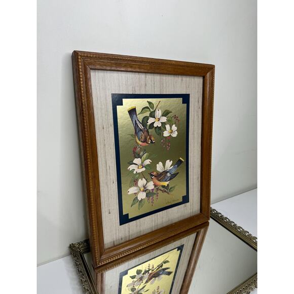 Vintage "Birds on Dogwood" Framed & Signed Print William J. Whiteside Gold Foil - Picture 4 of 10